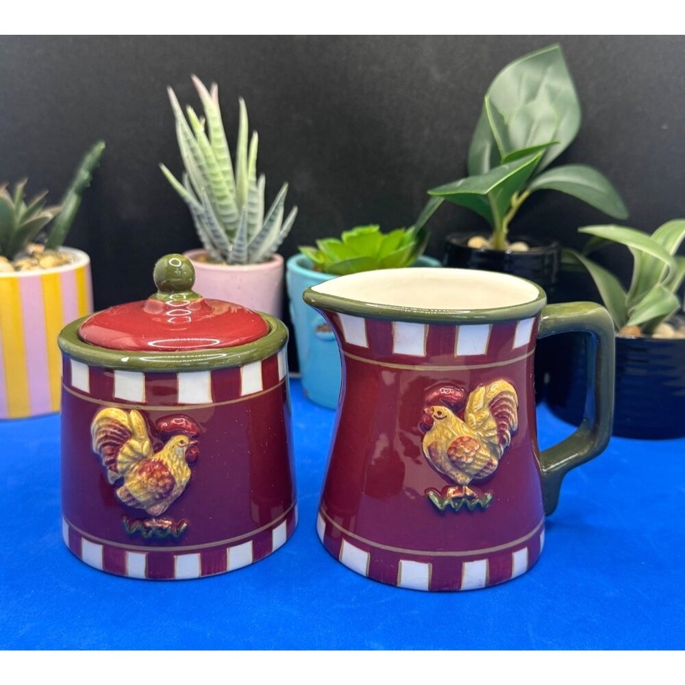 Park Designs Rise N Shine Ceramic Rooster Creamer & Sugar Bowl Set - AS IS